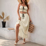 Summer women's casual seaside vacation set with bow and lace skirt, two-piece set