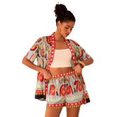 Women summer fashion casual printed cardigan short sleeved shorts set