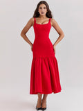 Summer Midi Holiday Dress New Arrivals Red Spaghetti Strap Elegant Hem Dress Casual Birthday Party Dresses