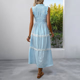 Summer fungus edge round neck sleeveless vest long skirt striped dress for women