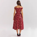 Off shoulder backless slim fit waist cinched printed dress for women