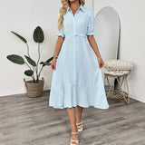 Summer commuting style shirt with bubble sleeves lapel striped dress women