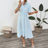 Summer commuting style shirt with bubble sleeves lapel striped dress women