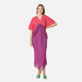 Color Block Spliced Pleated Dress Women Fashion Tassel Design Short Sleeves Dresses Elegant