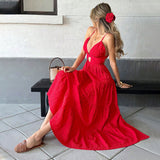 Women's red camisole dress with spring and summer V-neck, European and American big swing long skirt