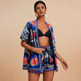 Women summer fashion casual printed cardigan short sleeved shorts set