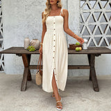 Holiday collection dress, summer new European style high-end A-line button strap dress