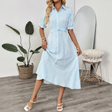 Summer commuting style shirt with bubble sleeves lapel striped dress women