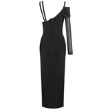 Black Long Sleeve One Shoulder Open Fork Rayon Bandage Dress Cocktail Party Bodycon Dress