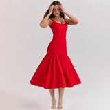 Summer Midi Holiday Dress New Arrivals Red Spaghetti Strap Elegant Hem Dress Casual Birthday Party Dresses