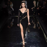 Black Long Sleeve One Shoulder Open Fork Rayon Bandage Dress Cocktail Party Bodycon Dress