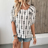Sweet and Simple Bubble Sleeves Square Neck Bow Line Shirt for Women in Summer