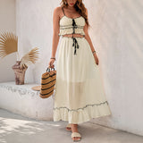 Summer women's casual seaside vacation set with bow and lace skirt, two-piece set