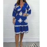 Elastic waist summer printed seven quarter sleeve dress