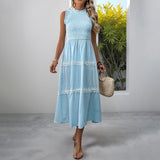 Summer fungus edge round neck sleeveless vest long skirt striped dress for women