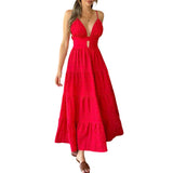 Women's red camisole dress with spring and summer V-neck, European and American big swing long skirt