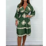 Elastic waist summer printed seven quarter sleeve dress