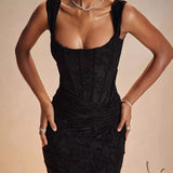 Square neck elastic mesh jacquard pleated sleeveless fishtail suspender long skirt