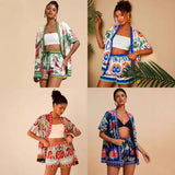 Women summer fashion casual printed cardigan short sleeved shorts set