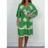 Elastic waist summer printed seven quarter sleeve dress