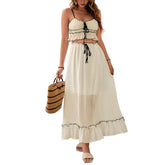 Summer women's casual seaside vacation set with bow and lace skirt, two-piece set