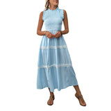 Summer fungus edge round neck sleeveless vest long skirt striped dress for women