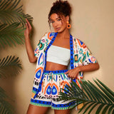 Women summer fashion casual printed cardigan short sleeved shorts set