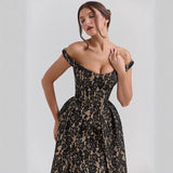 Off shoulder backless slim fit waist cinched printed dress for women