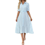 Summer commuting style shirt with bubble sleeves lapel striped dress women