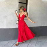 Women's red camisole dress with spring and summer V-neck, European and American big swing long skirt