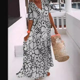 Women's summer printed short sleeved deep V-neck long dress for women