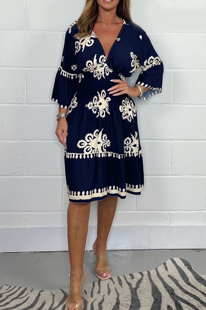 Elastic waist summer printed seven quarter sleeve dress
