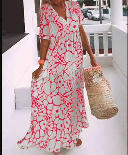 Women's summer printed short sleeved deep V-neck long dress for women