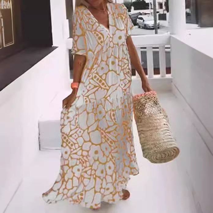 Women's summer printed short sleeved deep V-neck long dress for women