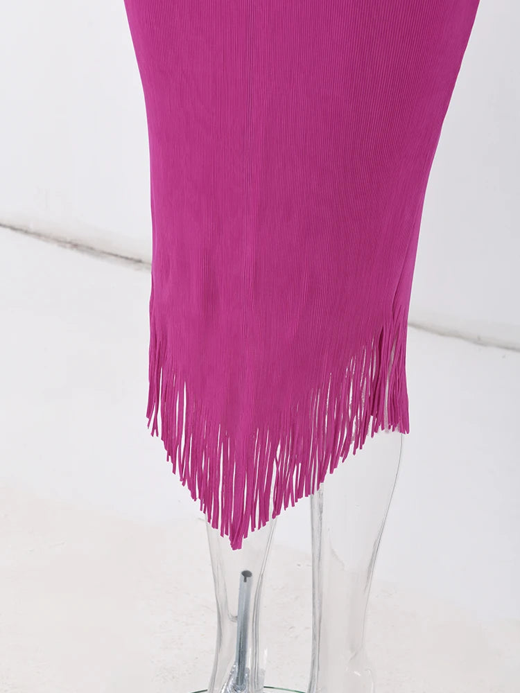 Color Block Spliced Pleated Dress Women Fashion Tassel Design Short Sleeves Dresses Elegant