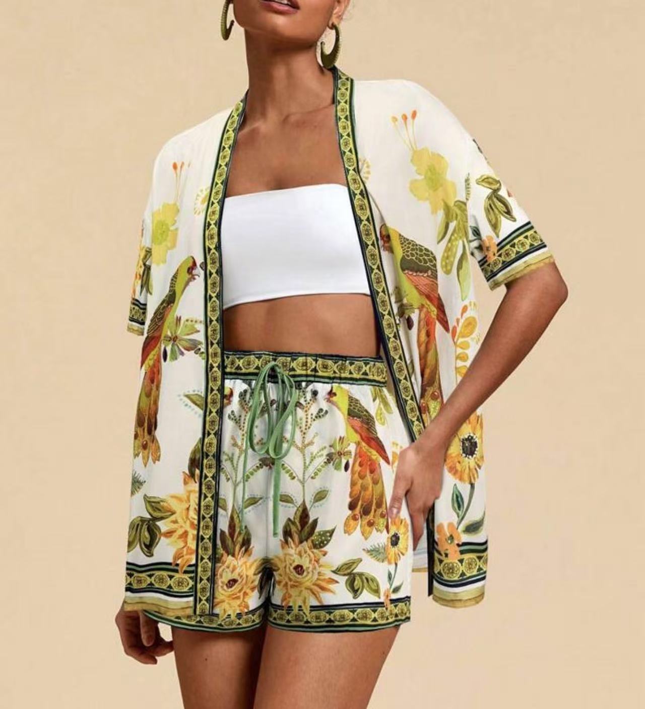 Women summer fashion casual printed cardigan short sleeved shorts set