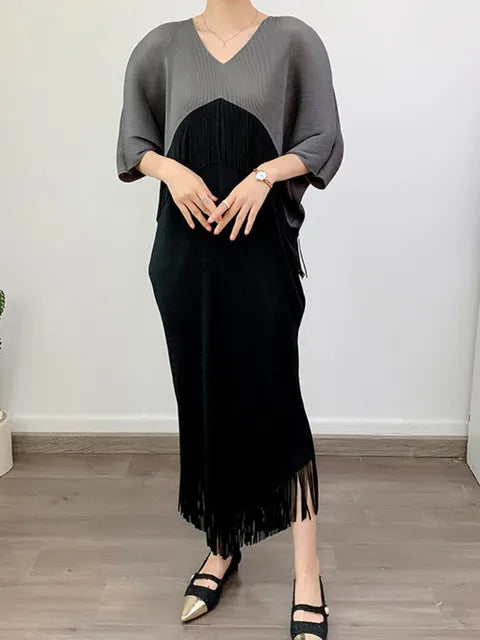 Color Block Spliced Pleated Dress Women Fashion Tassel Design Short Sleeves Dresses Elegant