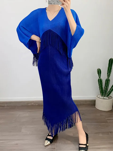 Color Block Spliced Pleated Dress Women Fashion Tassel Design Short Sleeves Dresses Elegant