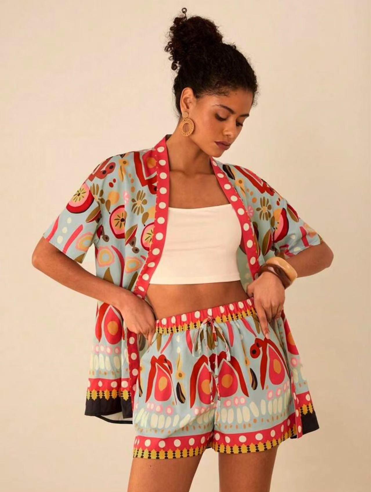 Women summer fashion casual printed cardigan short sleeved shorts set