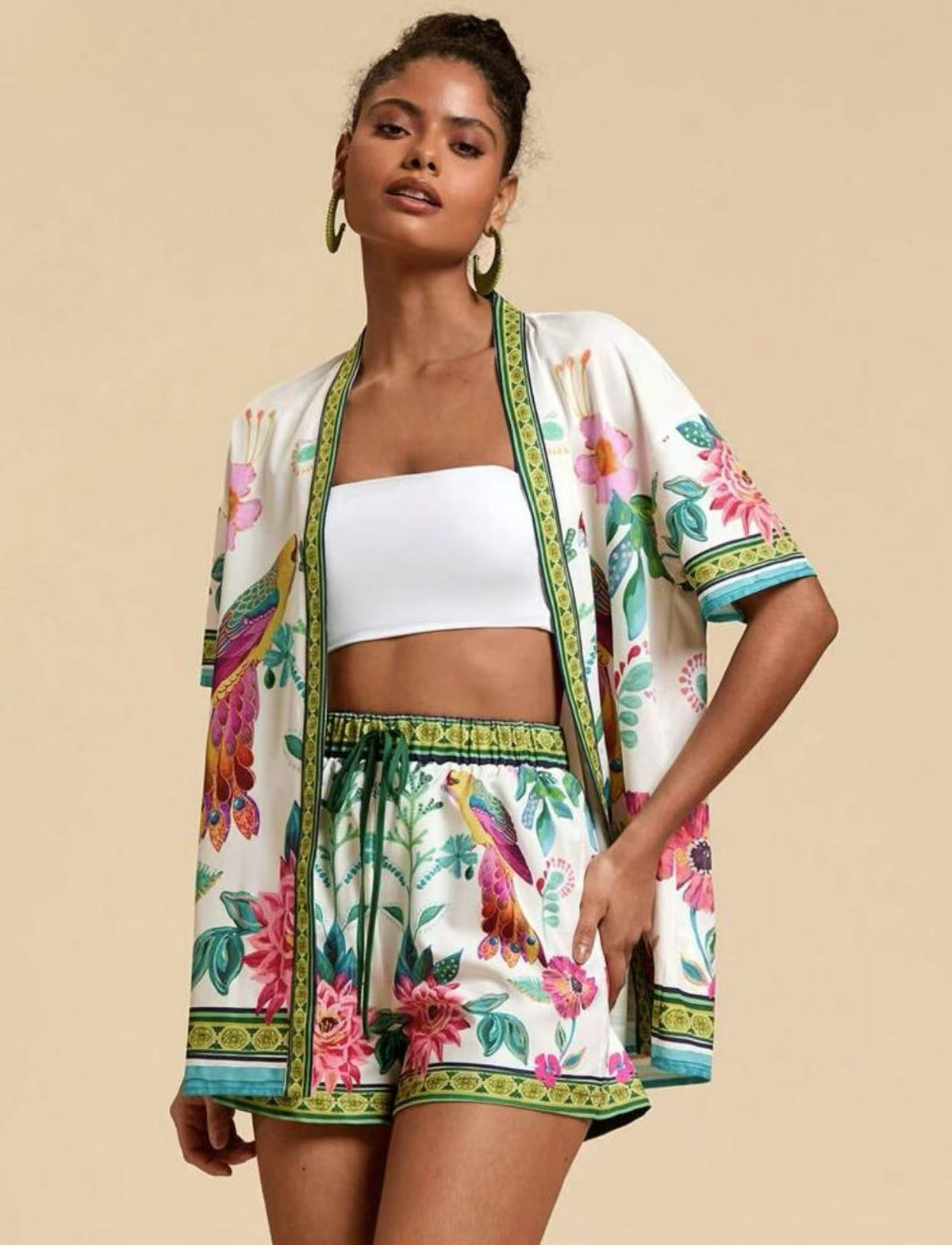 Women summer fashion casual printed cardigan short sleeved shorts set