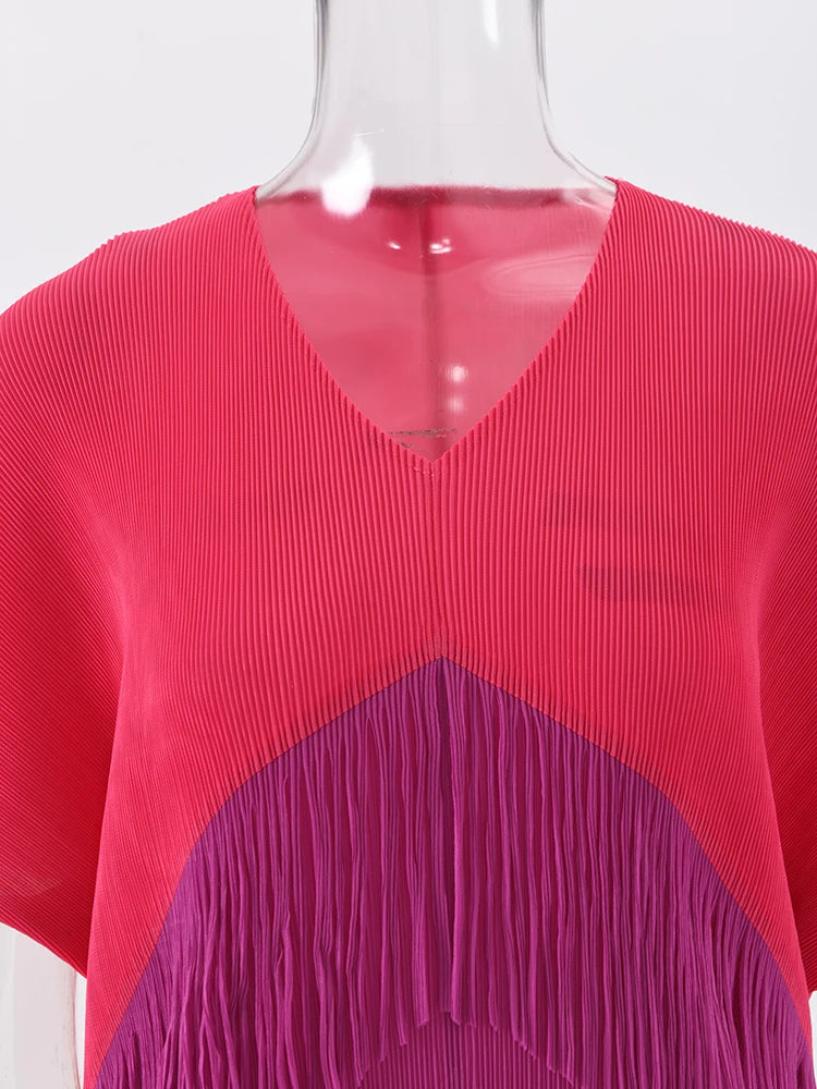 Color Block Spliced Pleated Dress Women Fashion Tassel Design Short Sleeves Dresses Elegant