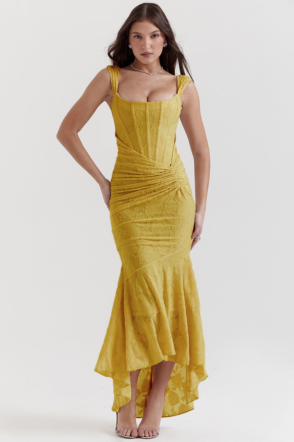 Square neck elastic mesh jacquard pleated sleeveless fishtail suspender long skirt