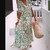 Women's summer printed short sleeved deep V-neck long dress for women
