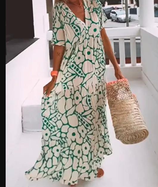Women's summer printed short sleeved deep V-neck long dress for women