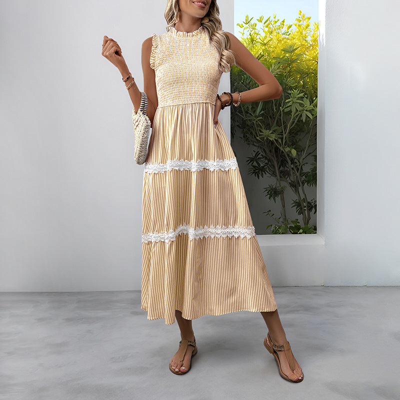 Summer fungus edge round neck sleeveless vest long skirt striped dress for women