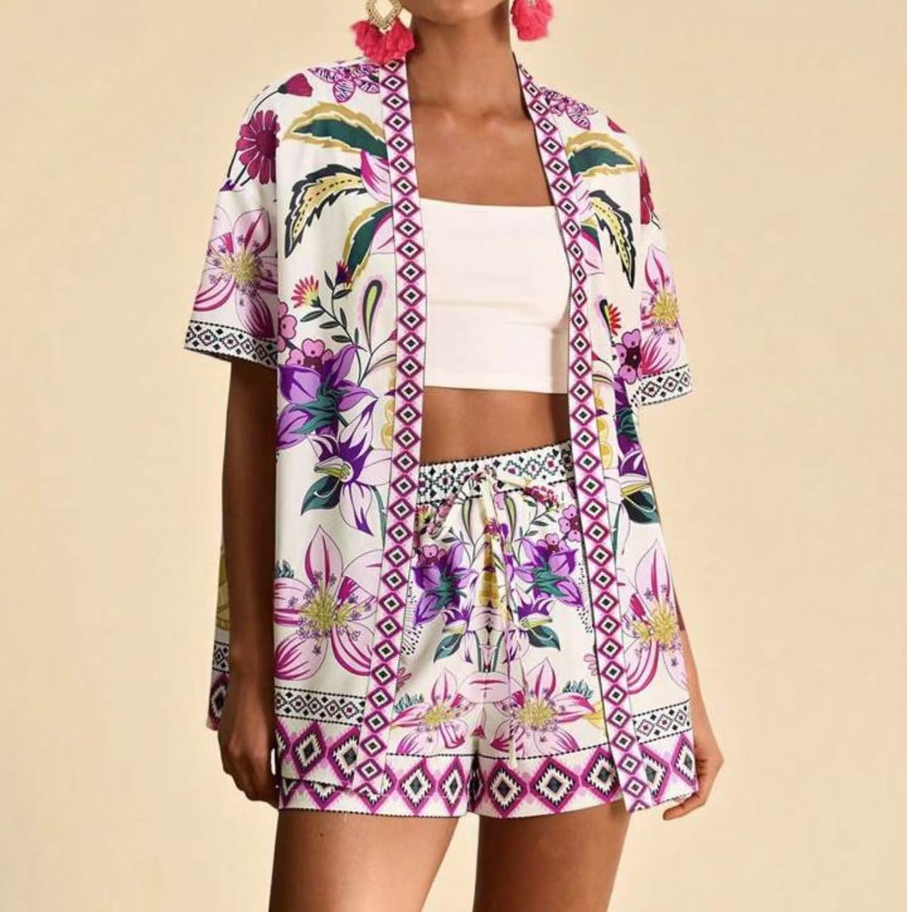 Women summer fashion casual printed cardigan short sleeved shorts set