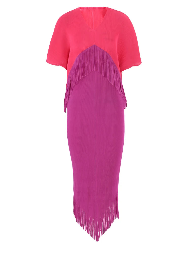 Color Block Spliced Pleated Dress Women Fashion Tassel Design Short Sleeves Dresses Elegant