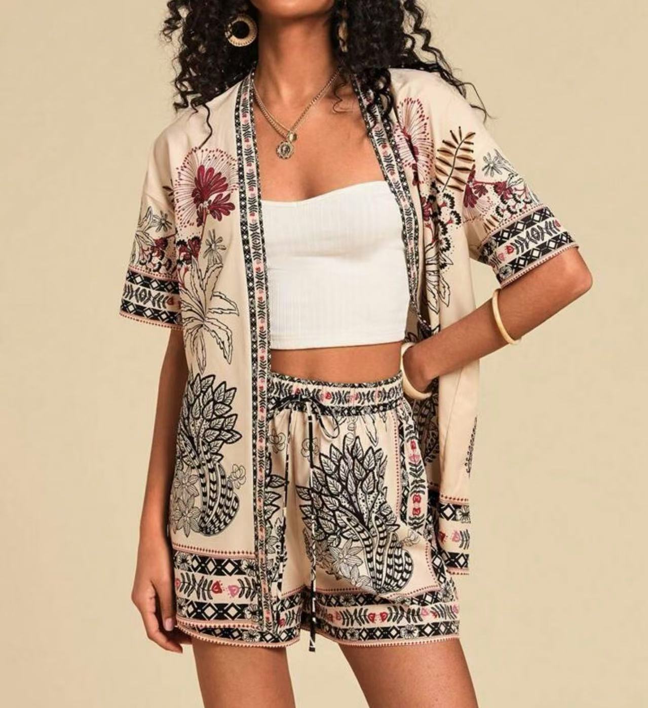 Women summer fashion casual printed cardigan short sleeved shorts set