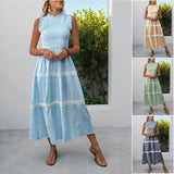 Summer fungus edge round neck sleeveless vest long skirt striped dress for women