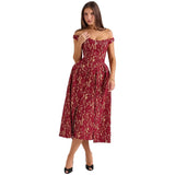 Off shoulder backless slim fit waist cinched printed dress for women